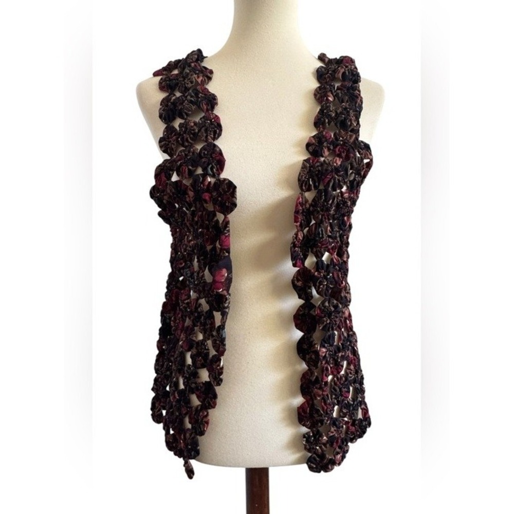 Handmade Yo yo Boho Floral Rosette Open Front Festive Patchwork Vest Size Small